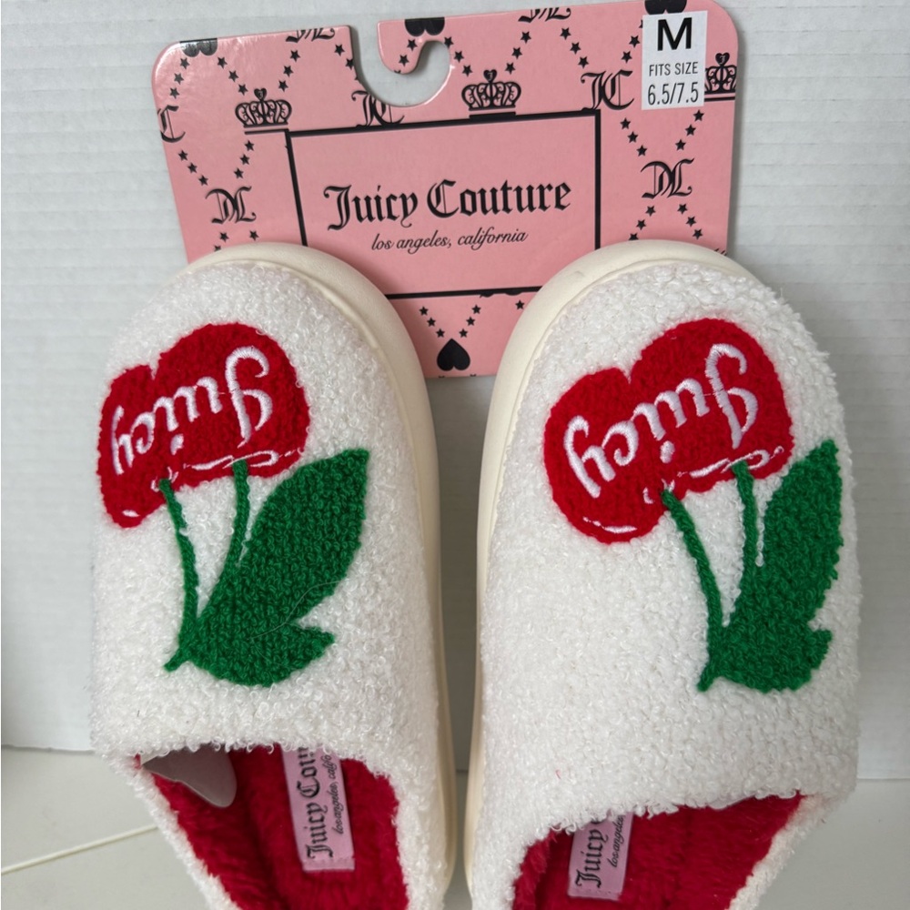 Juicy Couture Womens Cozy White Slippers with Red Cherry Design Size 6.5/7.5